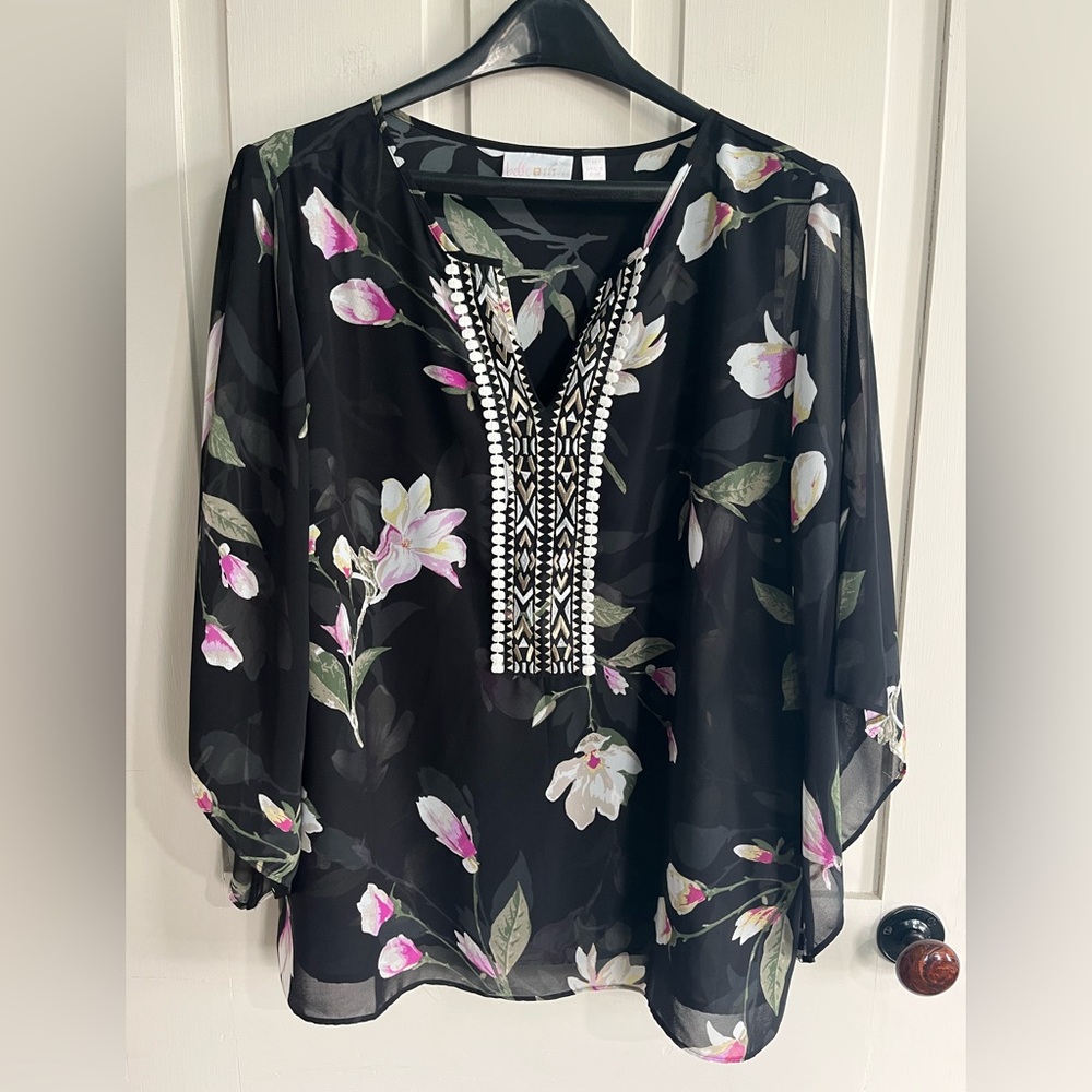 Belle by Kim Gravel Black Sheer Floral Tunic with Embroidered Placket